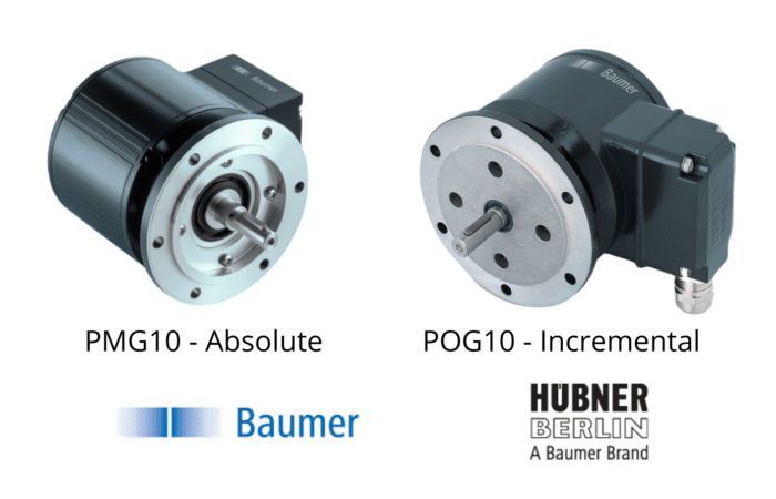 Comparison of incremental and absolute encoders from Baumer and Hübner, illustrating key differences in functionality for industrial applications.